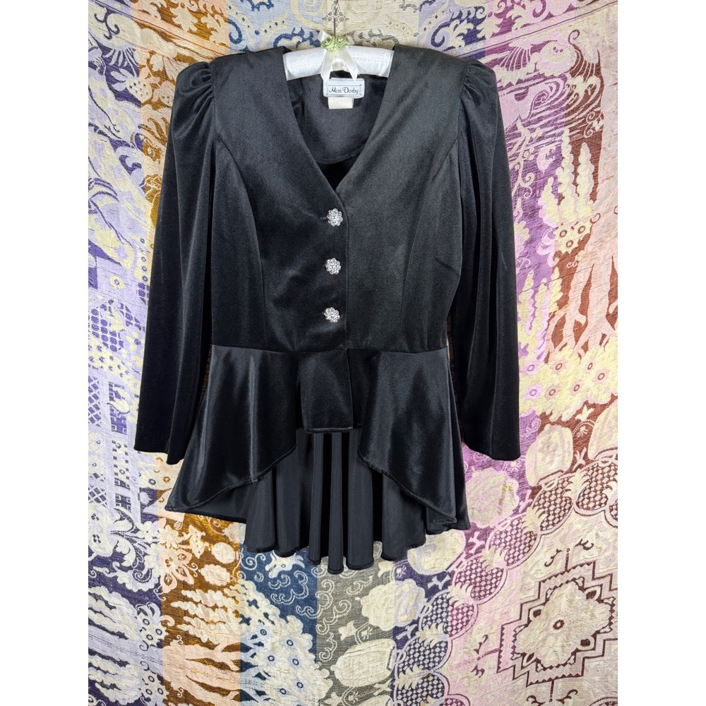 VTG 80s/90s Whimsigoth Black Velvet Peplum Button Front Shacket Top Size M